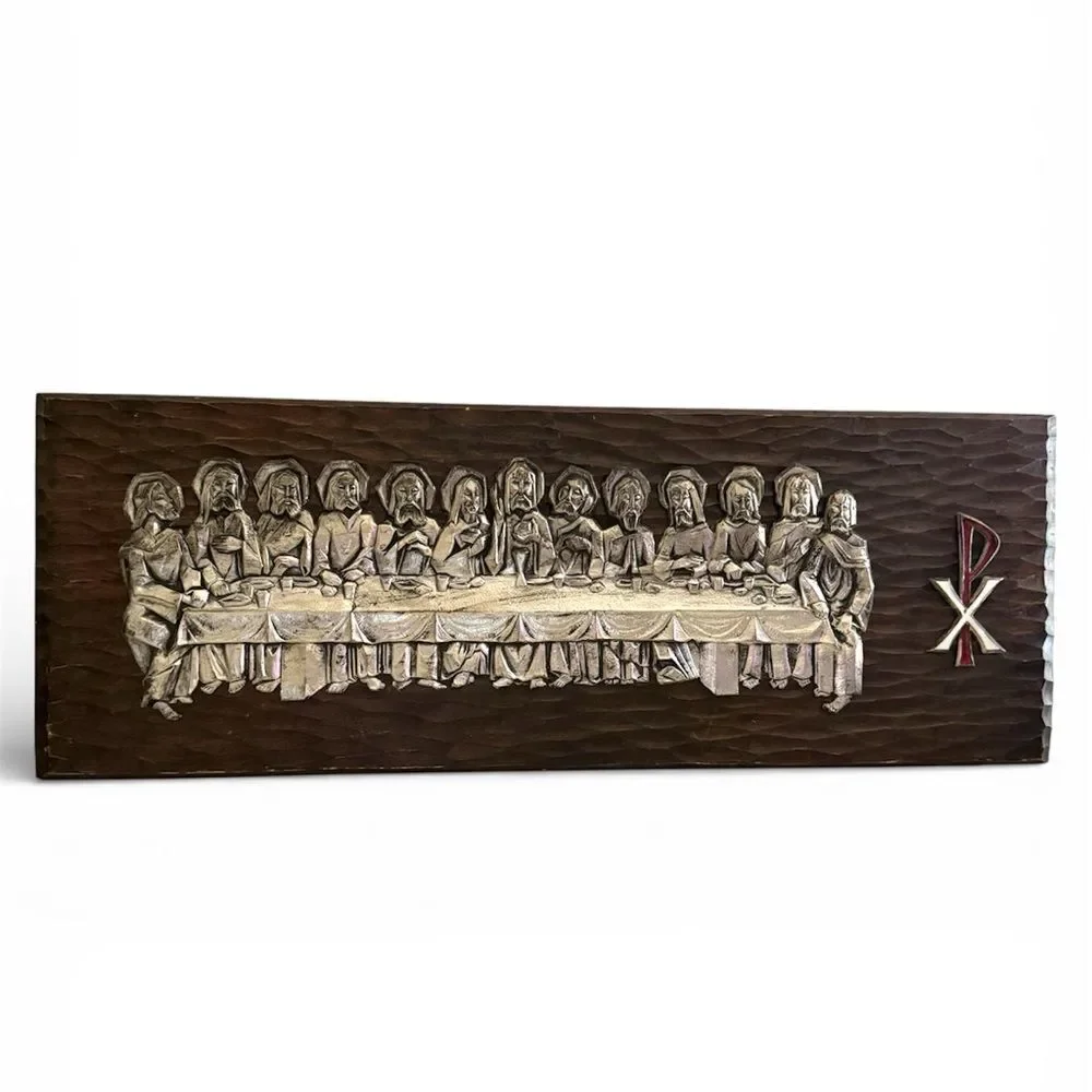 Vintage Last Supper Wood Carved Wall Art Panel Christian Chi Rho Decor